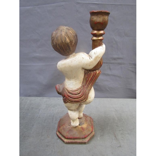 1419 - PAINTED AND GILDED LARGE CARVED WOODEN FIGURE OF A CHERUB HOLDING A LAMP - 64cms H