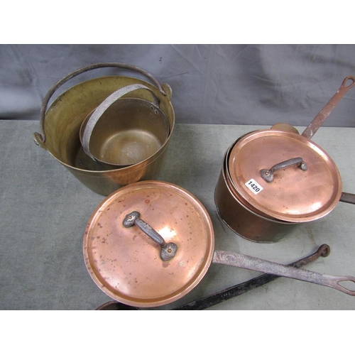 1420 - COLLECTION OF METALWARE INC. TWO PANS, TWO SAUCEPANS, LARGE LADEL ETC.