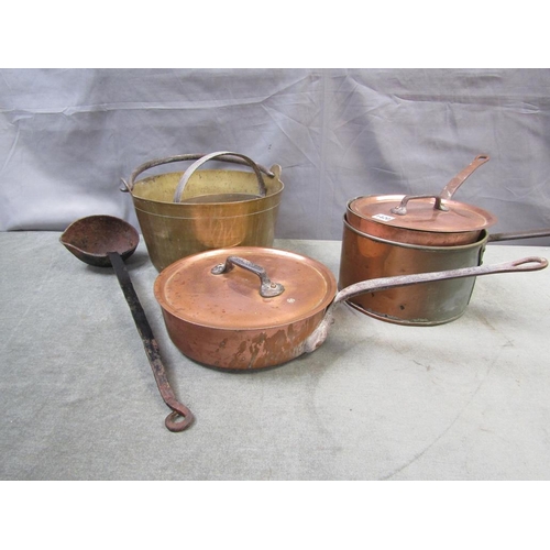 1420 - COLLECTION OF METALWARE INC. TWO PANS, TWO SAUCEPANS, LARGE LADEL ETC.