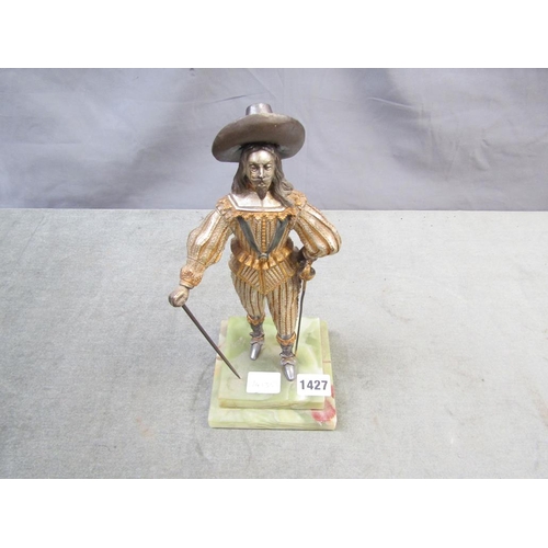 1427 - GILDED METAL FIGURE OF CAVALIER ON STEPPED ONYX BASE 25cms H