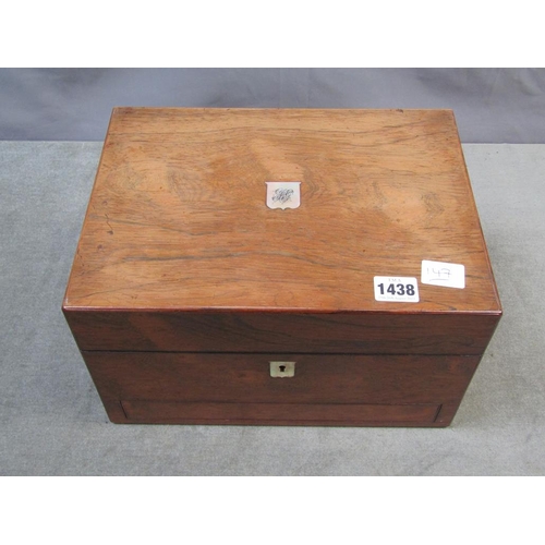 1438 - VICTORIAN FIGURED WALNUT TRAVELLING TOILET BOX WITH FITTED INTERIOR, 31cms W