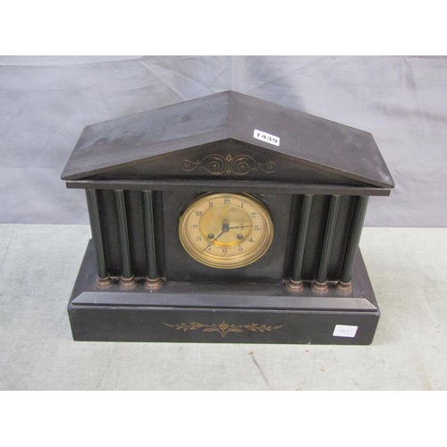 1439 - LATE 19/EARLY 20c BLACK SLATE COLUMN MANTEL CLOCK 32cms H