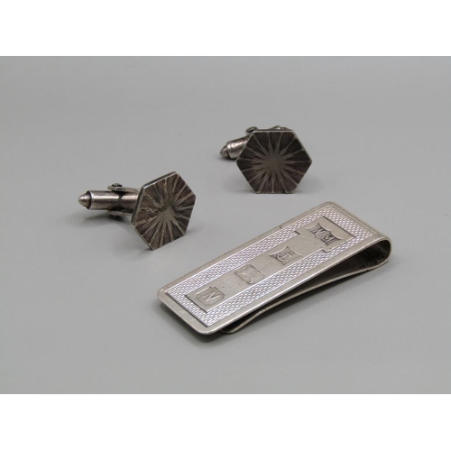 1456 - SILVER MONEY CLIP; PAIR OF SILVER CUFFLINKS