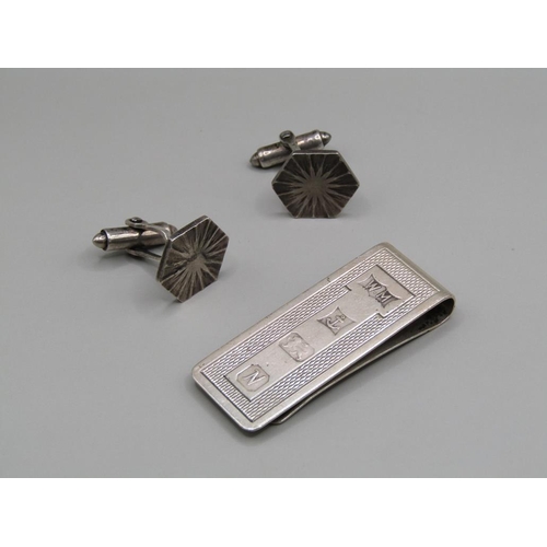 1456 - SILVER MONEY CLIP; PAIR OF SILVER CUFFLINKS