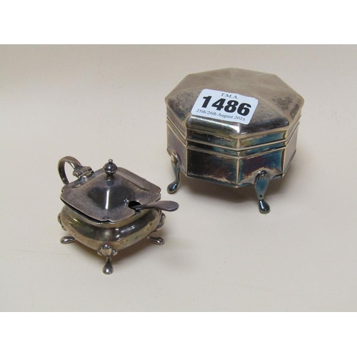 1486 - SILVER RING BOX; SILVER SALT AND SPOON