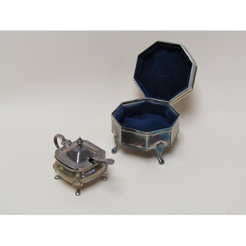 1486 - SILVER RING BOX; SILVER SALT AND SPOON