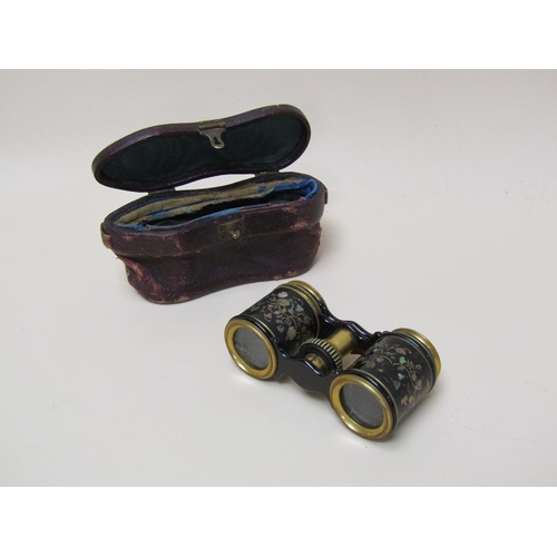 1495 - PAIR OF MOTHER OF PEARL INLAID OPERA GLASSES IN A LEATHER CASE