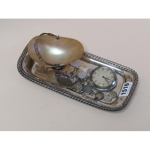 1516 - SILVER PLATED TRAY, SILVER COINS, UTILITY POCKET WATCH AND A MOTHER OF PEARL SHELL BOWL