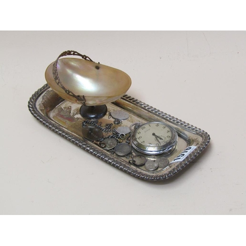 1516 - SILVER PLATED TRAY, SILVER COINS, UTILITY POCKET WATCH AND A MOTHER OF PEARL SHELL BOWL