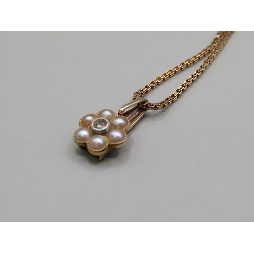 1555 - 9CT GOLD CHAIN; SEED PEARL SET PENDANT