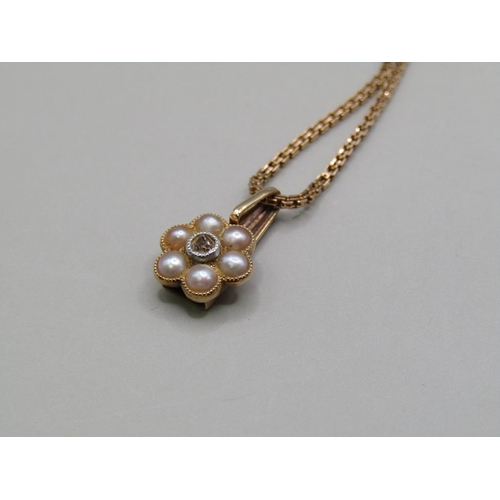 1555 - 9CT GOLD CHAIN; SEED PEARL SET PENDANT