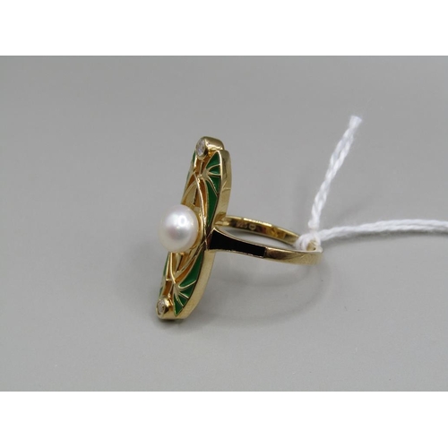 1591 - SILVER GILT ENAMEL PEARL RING SIZE P 1/2