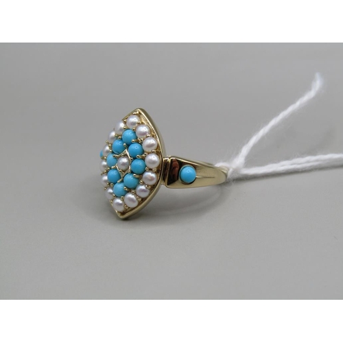 1595 - SILVER GILT TURQUOISE SEED PEARL RING SIZE O