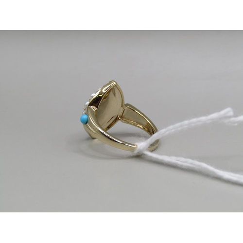 1595 - SILVER GILT TURQUOISE SEED PEARL RING SIZE O