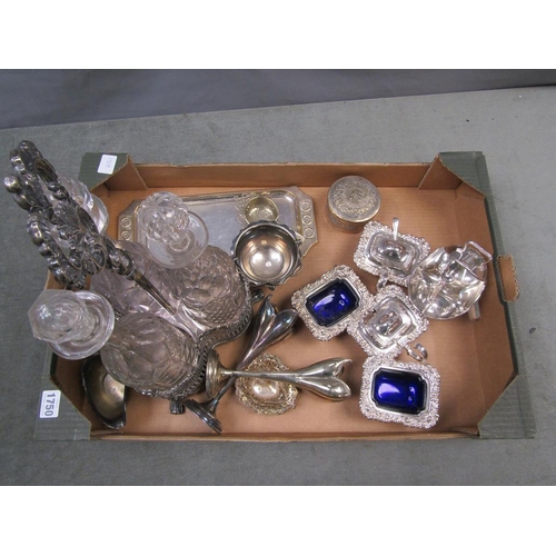 1750 - BOX OF MIXED SILVER PLATE TO INC. THREE BOTTLE TANTALUS