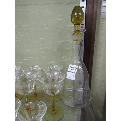 1832 - SET OF GLASSES AND DECANTER, 33CM H, WITH AMBER STOPPER AND STEMS