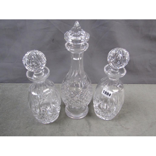 1884 - PAIR OF WATERFORD CRYSTAL LISMORE DECANTERS; SINGLE WATERFORD DECANTER, 33CM H