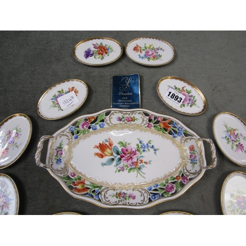 1893 - COLLECTION OF DRESDEN PORCELAIN BUTTER PATS; RETICULATED DISH, 25CM W