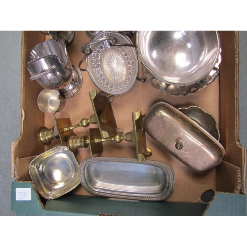 1751 - BOX OF MIXED SILVER PLATE TO INC. ROSEBOWLS, BRASS CANDLESTICKS ETC.