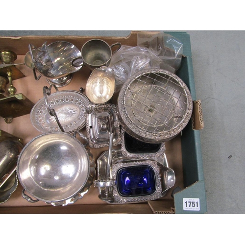 1751 - BOX OF MIXED SILVER PLATE TO INC. ROSEBOWLS, BRASS CANDLESTICKS ETC.