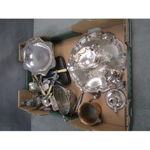 1752 - BOX OF MIXED SILVER PLATE TO INC. TRAYS, CUTLERY ETC.