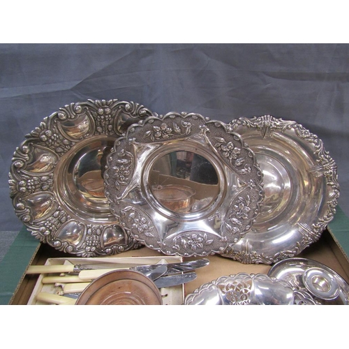 1754 - BOX OF SILVER PLATED CIRCULAR TRAY, WINE COASTERS, CUTLERY ETC.