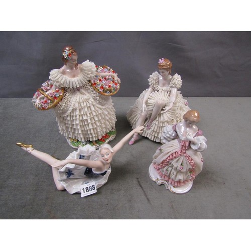 1888 - THREE SITZENDORF DRESDEN LACE FIGURES; PORCELAIN BALLERINA - LARGEST 25CM H