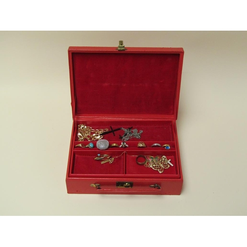 1649 - RED JEWELLERY BOX WITH CONTENTS TO INC. RINGS, BANGLES, ETC.