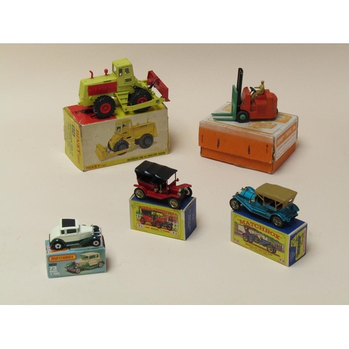 1664 - DINKY TOYS MICHEGAN 180 TRACTOR DOZER COVENTRY CLIMAX FORKLIFT TRUCK AND THREE MATCHBOX MODELS