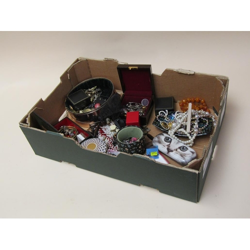 1676 - LARGE BOX OF COSTUME JEWELLERY, BEADS, BOXES ETC