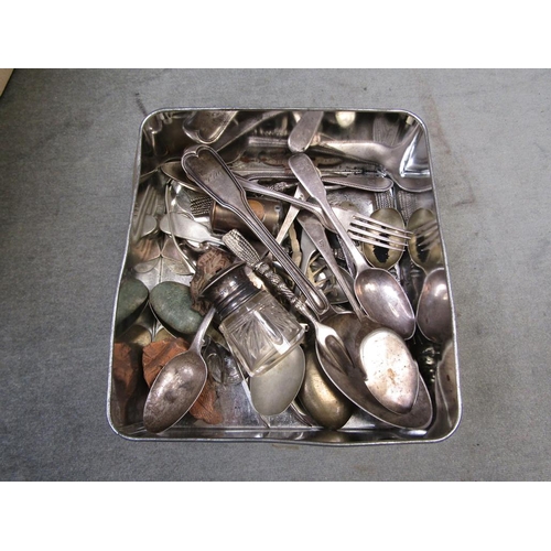 1765 - BOX OF MIXED SILVER PLATE AND OTHER CUTLERY PLUS REPLICA PISTOLS AND TRENCH ART SHELLS ETC.