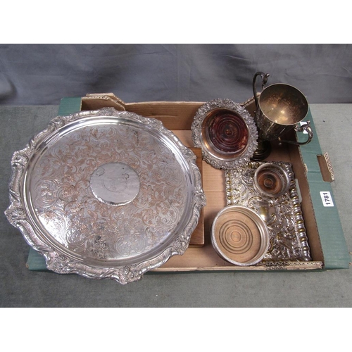 1781 - BOX OF MIXED SILVER PLATE TRAYS, WINE BOTTLE CASES ETC.