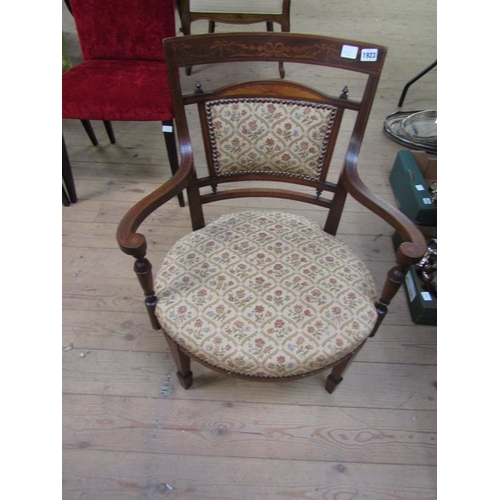 1923 - LATE 19/EARLY 20c INLAID AND MARQUETRY DECORATED UPHOLSTERED ARMCHAIR