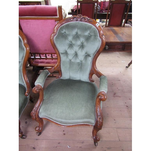 1927 - PAIR OF VICTORIAN WALNUT FRAMED AND BUTTONED UPHOLSTERED FIRE SIDE CHAIRS