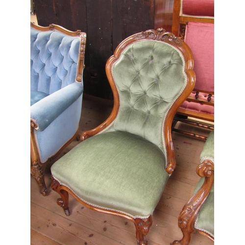 1927 - PAIR OF VICTORIAN WALNUT FRAMED AND BUTTONED UPHOLSTERED FIRE SIDE CHAIRS