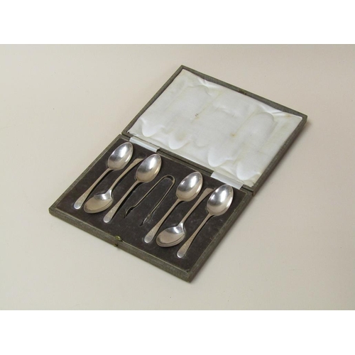 1685 - BOX OF SIX SILVER SPOONS AND TONGS