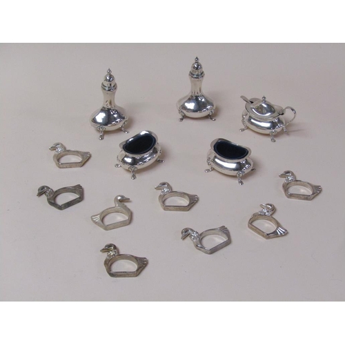 1714 - SILVER PLATED CRUET AND DUCK NAPKIN RINGS