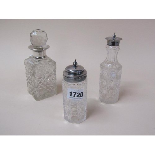 1720 - SILVER NECKED MINIATURE DECANTER, SILVER PLATED CUT GLASS JARS