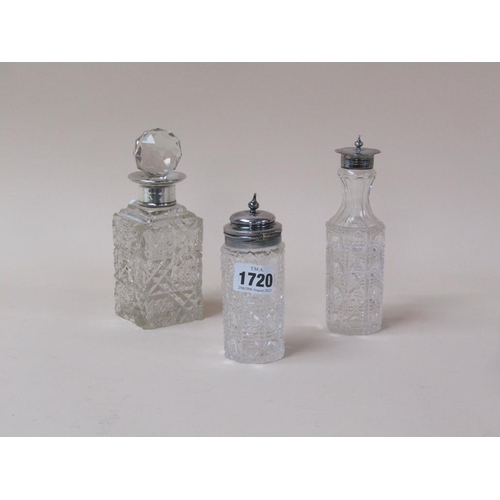 1720 - SILVER NECKED MINIATURE DECANTER, SILVER PLATED CUT GLASS JARS