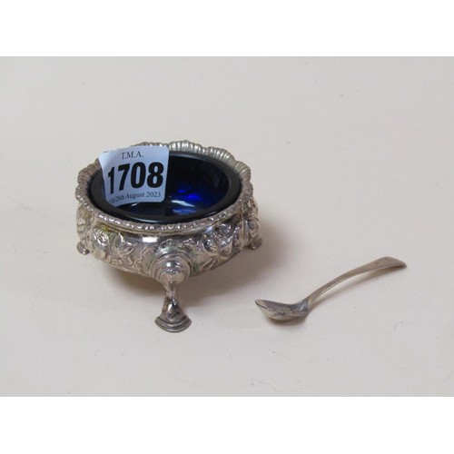 1708 - SILVER SALT, BLUE GLASS LINER, SILVER SPOON