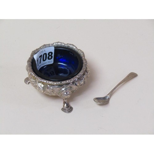 1708 - SILVER SALT, BLUE GLASS LINER, SILVER SPOON