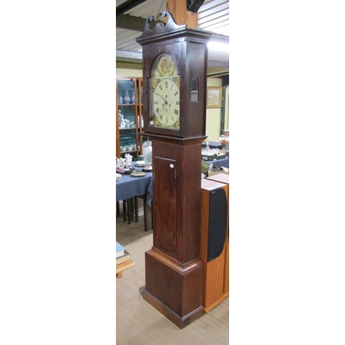 1300 - EARLY 19C MAHOGANY EIGHT DAY LONGCASE CLOCK WITH PAINTED ARCHED DIAL, MACDOUGALL STRATHAVEN, 230CM H