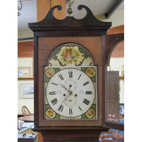 1300 - EARLY 19C MAHOGANY EIGHT DAY LONGCASE CLOCK WITH PAINTED ARCHED DIAL, MACDOUGALL STRATHAVEN, 230CM H