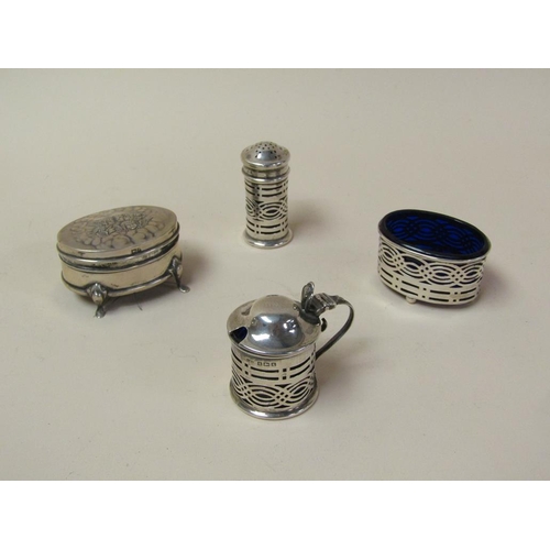 1726 - THREE PIECE SILVER CRUET AND A SILVER RING BOX