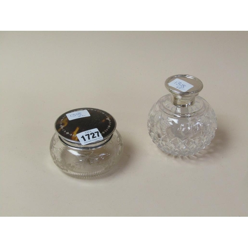 1727 - SILVER TORTOISESHELL TOPPED POT AND A SILVER TOPPED SCENT BOTTLE