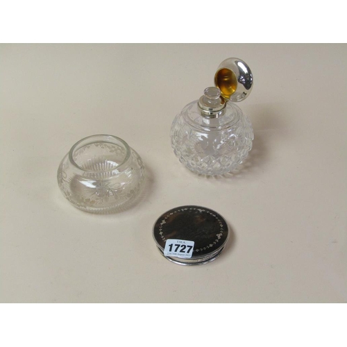 1727 - SILVER TORTOISESHELL TOPPED POT AND A SILVER TOPPED SCENT BOTTLE