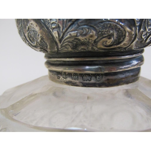 1730 - TWO SILVER TOPPED SCENT BOTTLES, ATOMISER, INKWELL