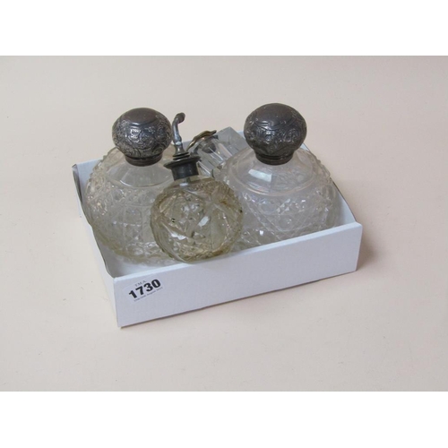 1730 - TWO SILVER TOPPED SCENT BOTTLES, ATOMISER, INKWELL