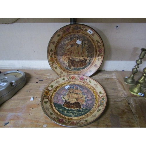 84 - TWO HAND PAINTED PORTUGUESE CERAMIC CHARGERS WITH SAILING SHIPS