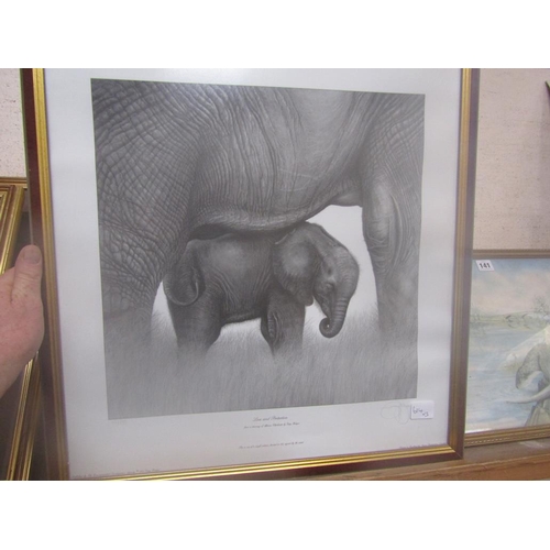 140 - FRAMED CARTOON MAGAZINE PRINTS AND A LIMITED EDITION ELEPHANT PRINT, LOVE AND PROTECTION